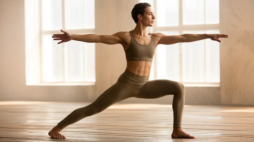 Person flowing in warrior II pose with strong arms and bent front knee.