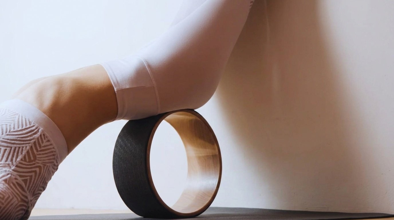 Person lying with hips supported by a yoga wheel and legs resting against a wall.