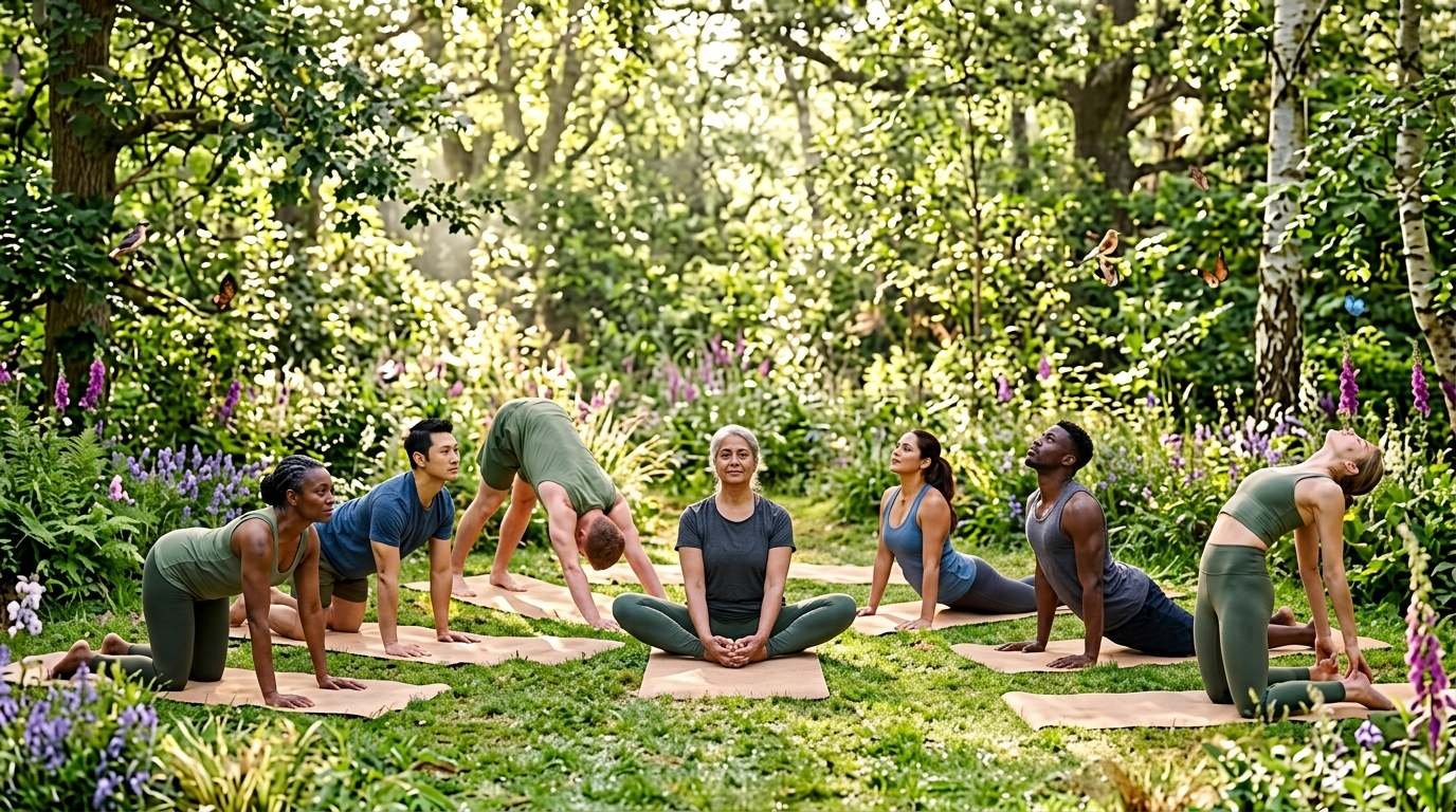 People practicing animal-influenced yoga poses outdoors in a calm natural setting.