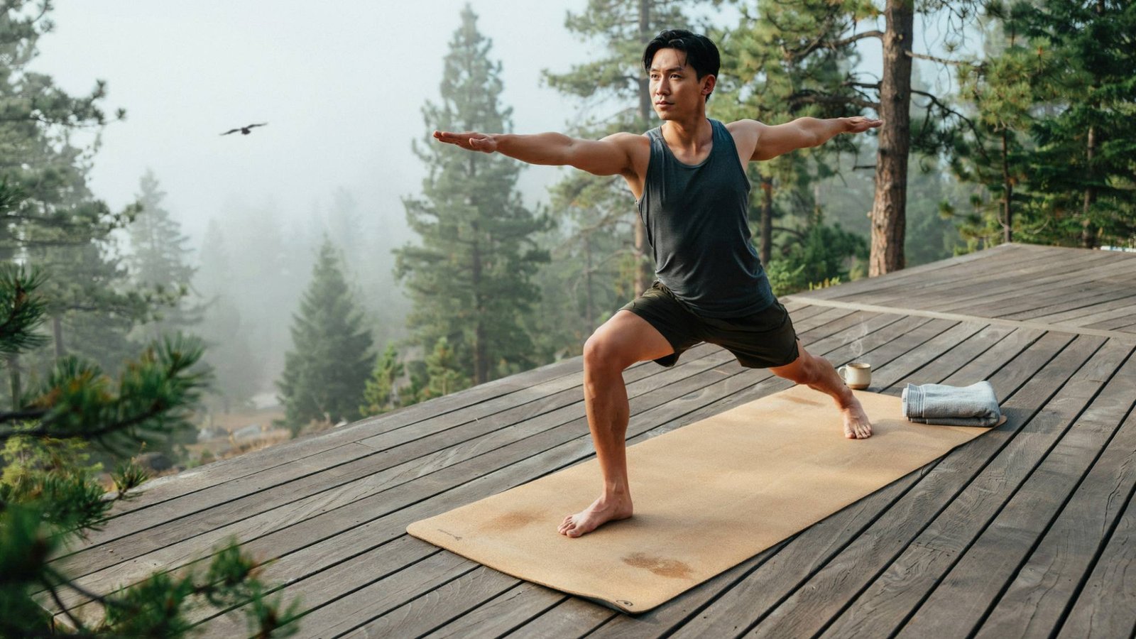 Man practices warrior yoga pose on a mat on a wooden deck among pine trees.