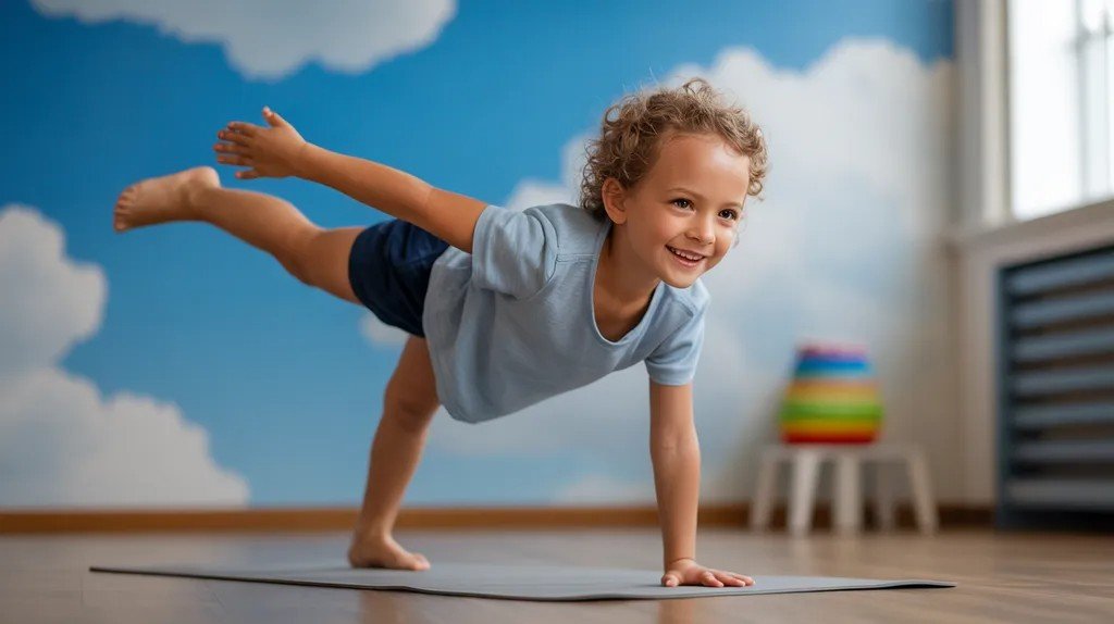 Pre-teen practicing airplane yoga pose to build balance, focus, and confidence.