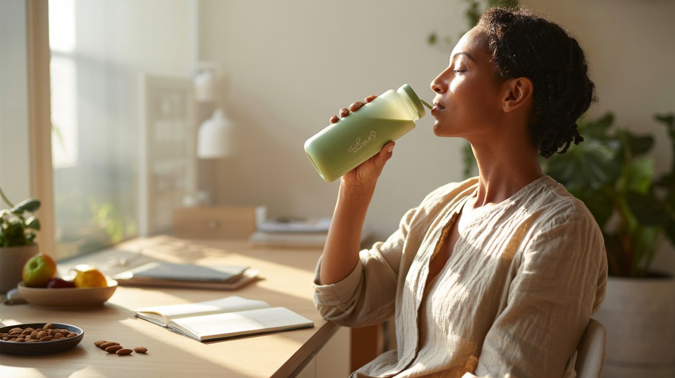 Adult staying hydrated by drinking water during a daily routine.
