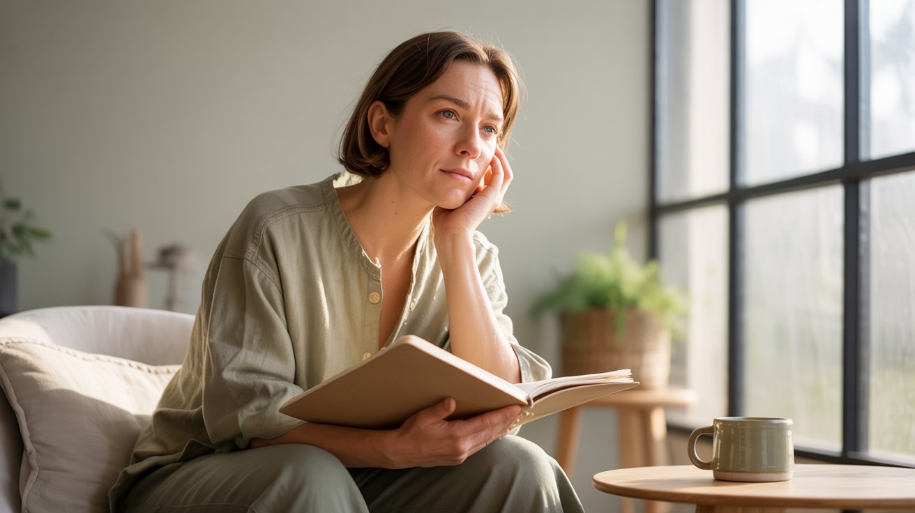 Adult reflecting on personal goals in a calm, thoughtful setting.