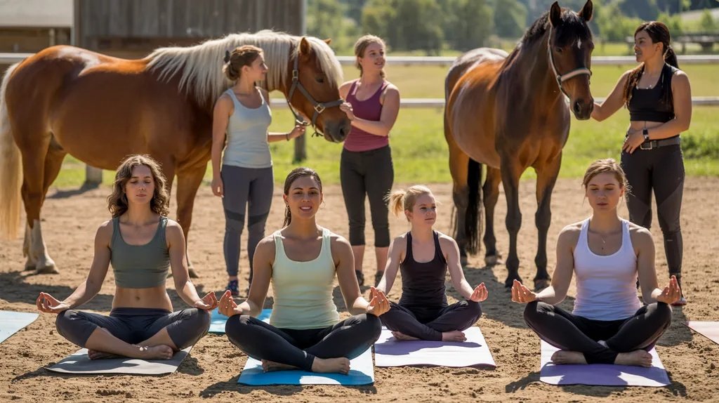 People of different experience levels participating in a horse yoga session.