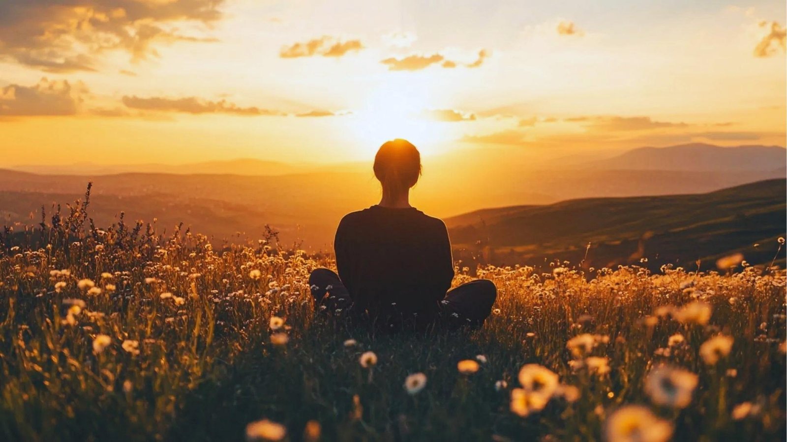 Silhouetted person sits cross-legged in a wildflower field at golden sunset, meditating alone with distant hills for inner peace.