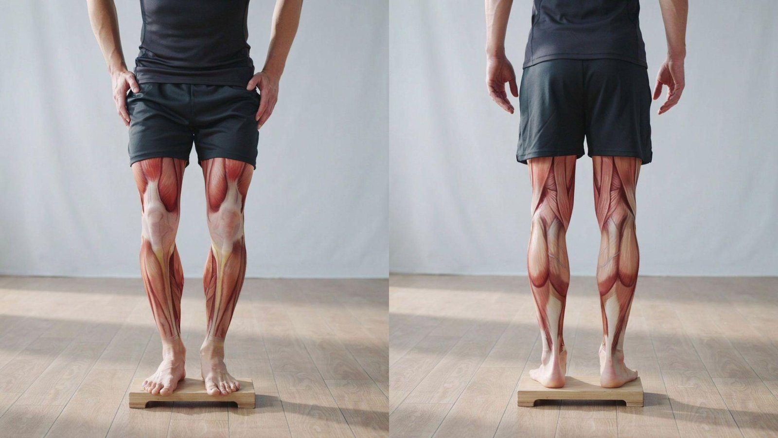 Soleus and gastrocnemius muscles shown during bent-knee and straight-leg calf exercise movements.