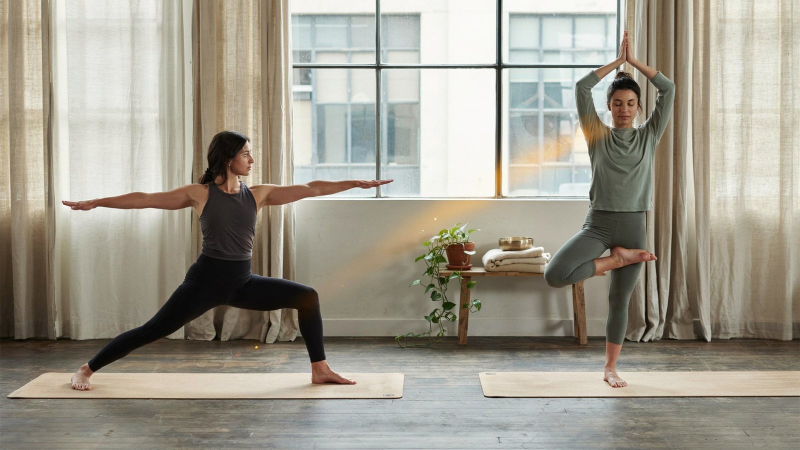Standing and balancing yoga poses demonstrating strength and focus in heated vinyasa practice.