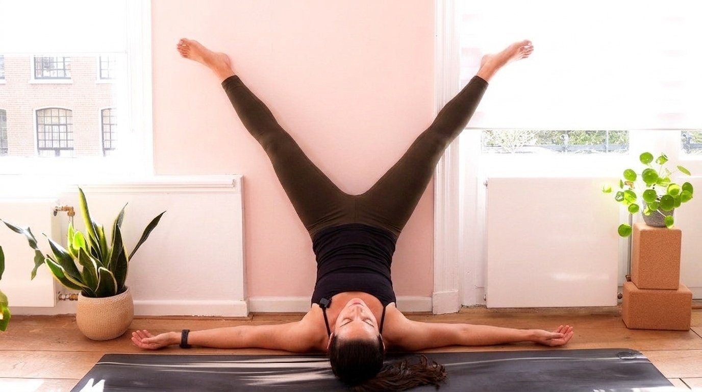 Woman doing wall yoga legs-up-the-wall V pose, lying on mat to open hips and calm the body.