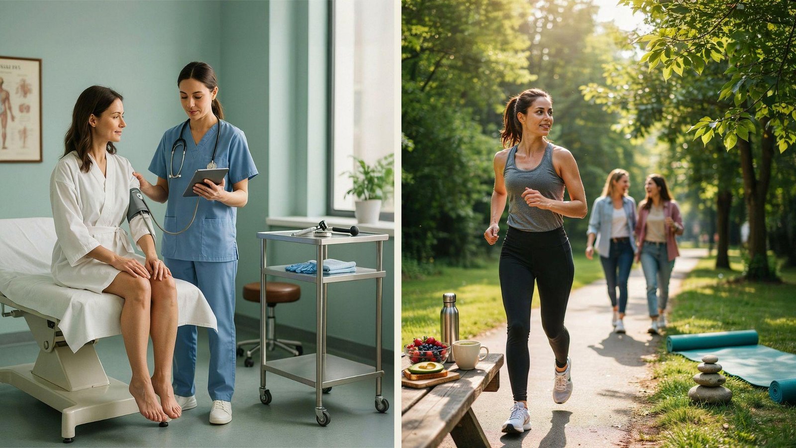 Side-by-side comparison showing health as a current physical condition and wellness as an ongoing lifestyle of healthy daily habits.