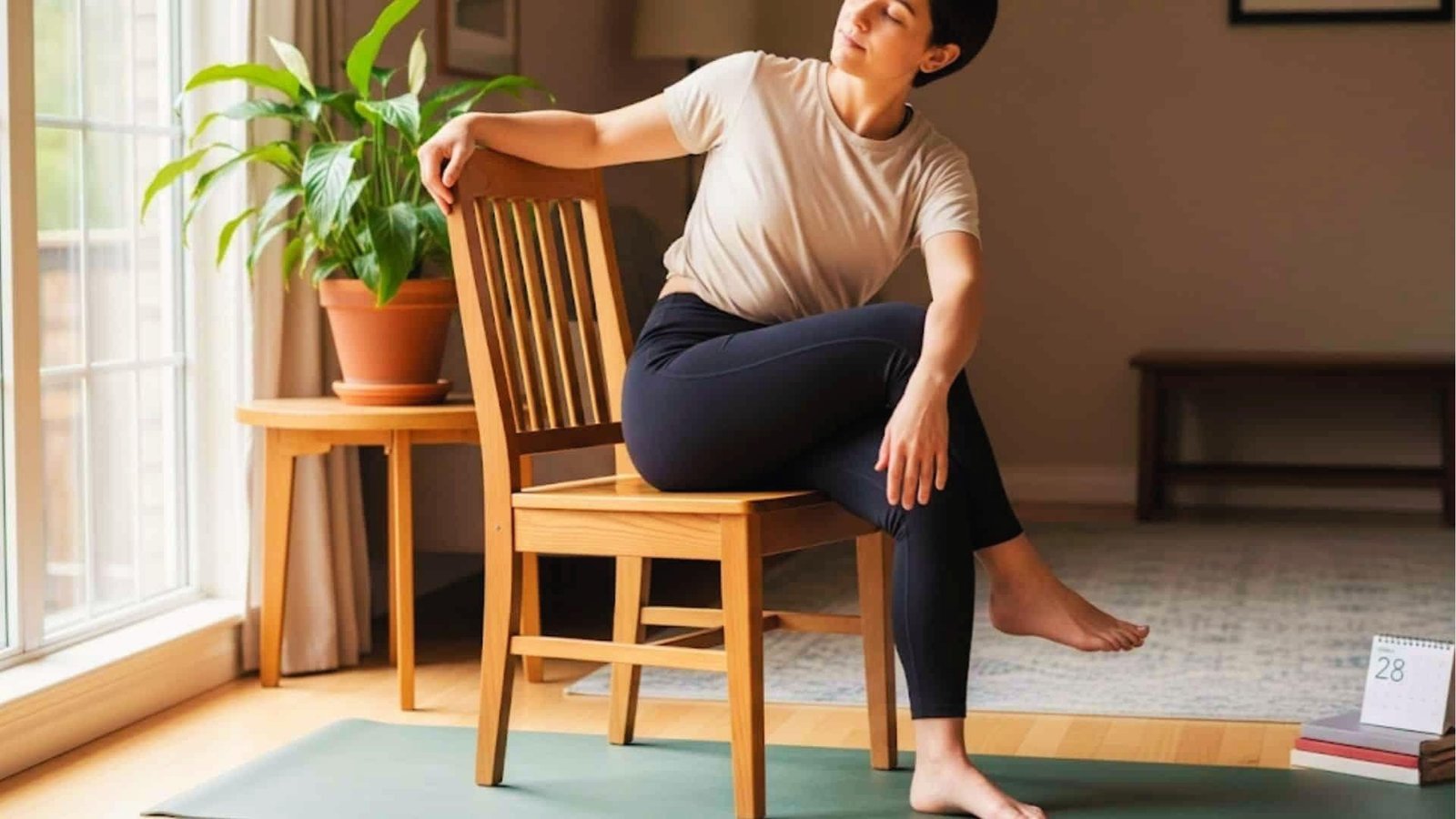 A person in a seated spinal twist poses on a wood chair for a 28 day chair yoga challenge at home.