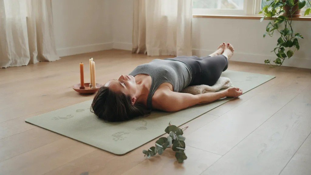 Person resting in Reclining Bound Angle Pose to encourage deep relaxation.