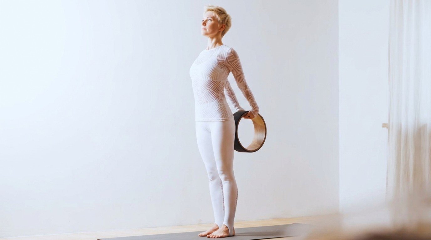 Person stands on a yoga mat holding a yoga wheel behind the back for chest stretching.
