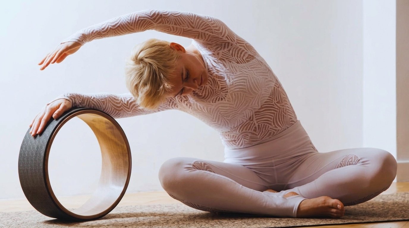 Person sits cross legged and bends sideways with one hand resting on a yoga wheel.
