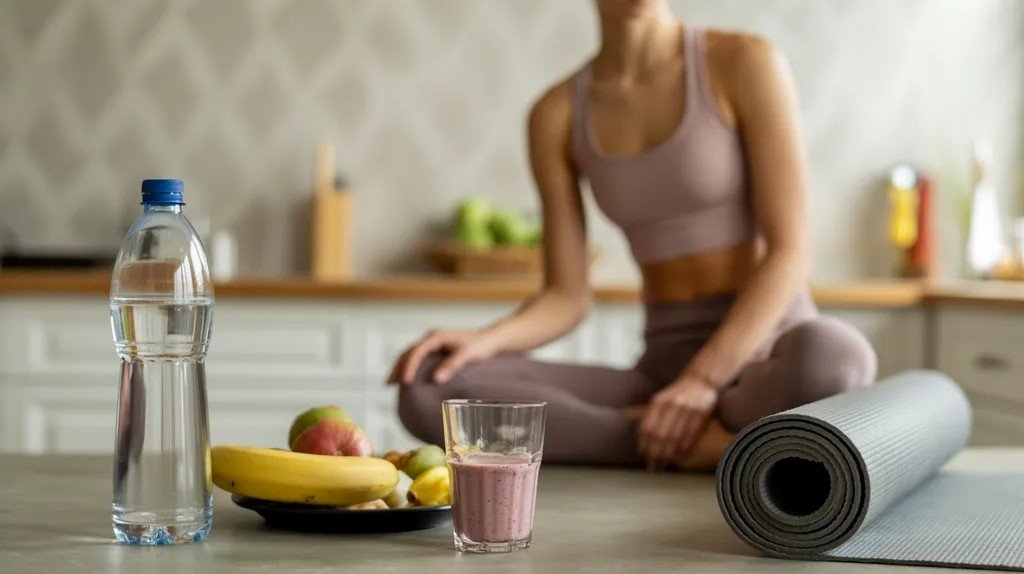 Light pre-hot yoga snack and hydration setup with fruit, smoothie, and water beside a yoga mat.