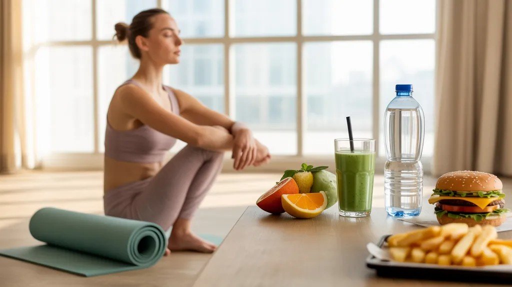 Healthy light foods and hydration shown as ideal pre-hot yoga nutrition compared to heavy food choices.