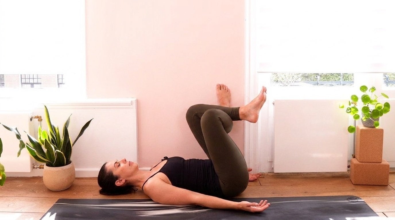 Woman in wall yoga figure-4 stretch, lying down with one foot on the wall to release tight hips.