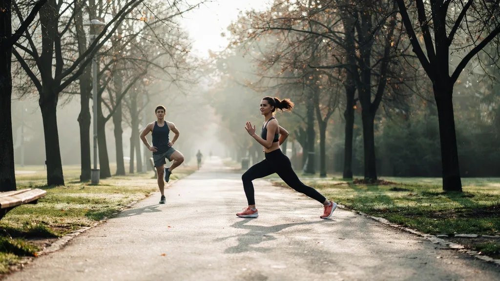 A person performing dynamic stretches like lunges and leg swings outdoors before exercise.