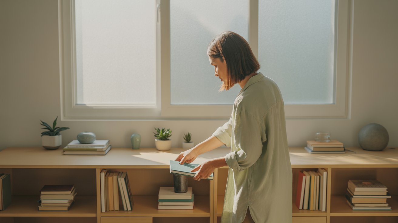 Adult organizing a room or workspace for a cleaner, calmer environment.