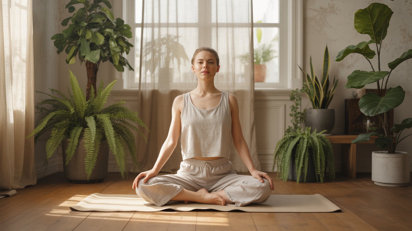 Adult practicing gentle yoga for flexibility and mental calmness.