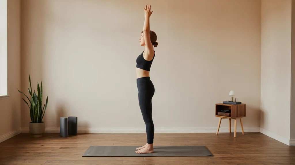 Person standing in mountain pose focusing on breath in yoga sculpt sequence.