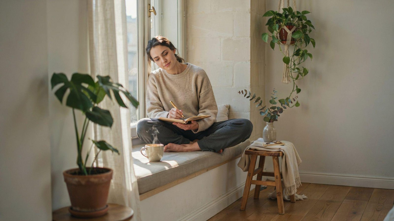 Adult practicing self care through journaling mindfulness and healthy wellness habits daily.
