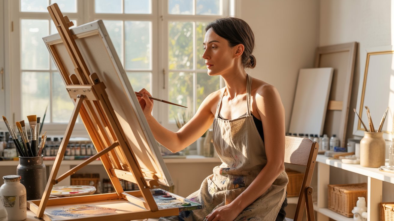 Adult learning a creative hobby in a calm and inspiring space.