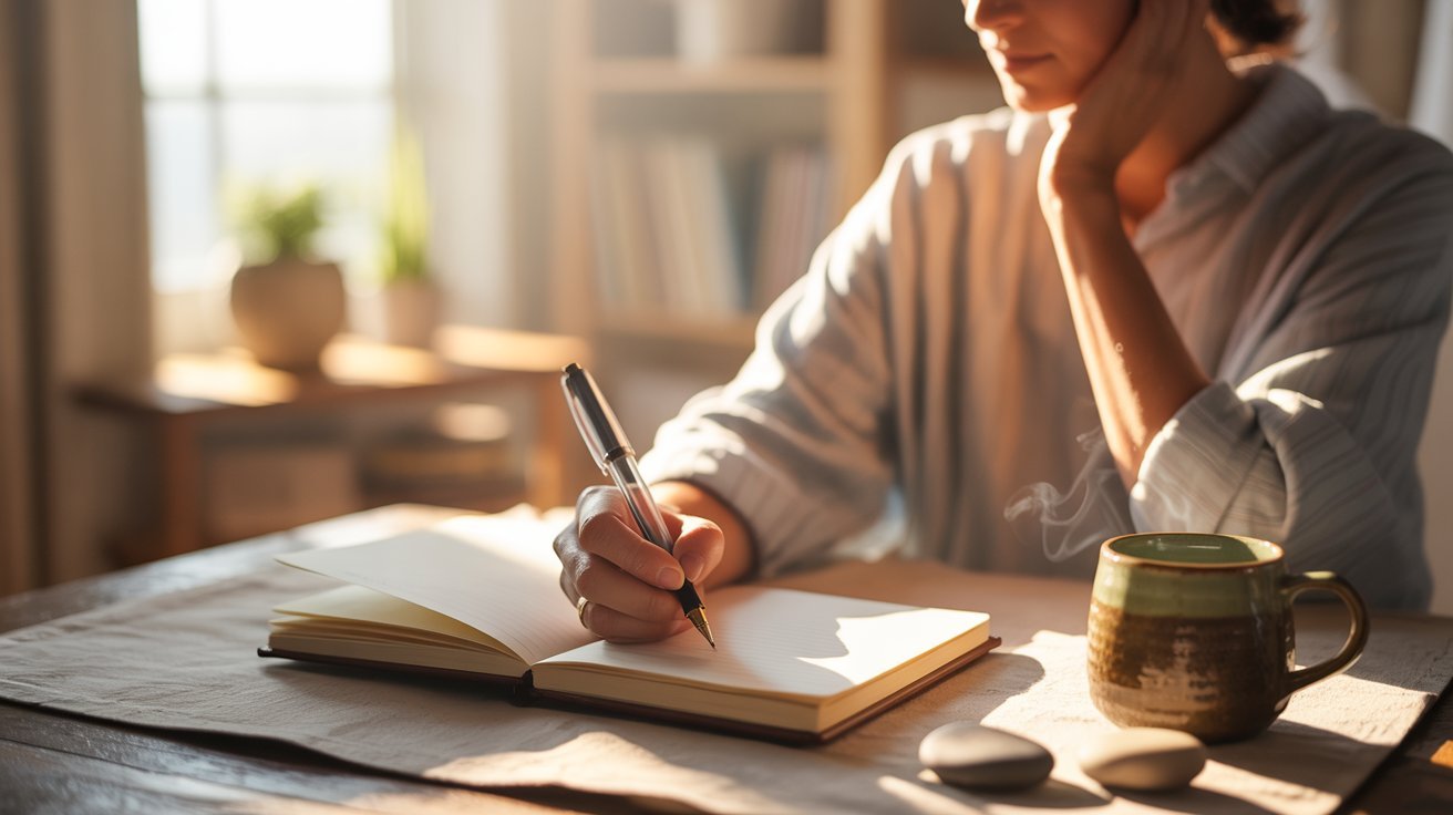 Adult writing in a gratitude journal at a peaceful desk.