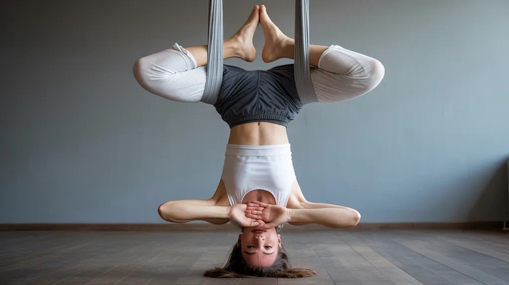 Person hanging upside down in hammock with legs and arms crossed in eagle pose variation.