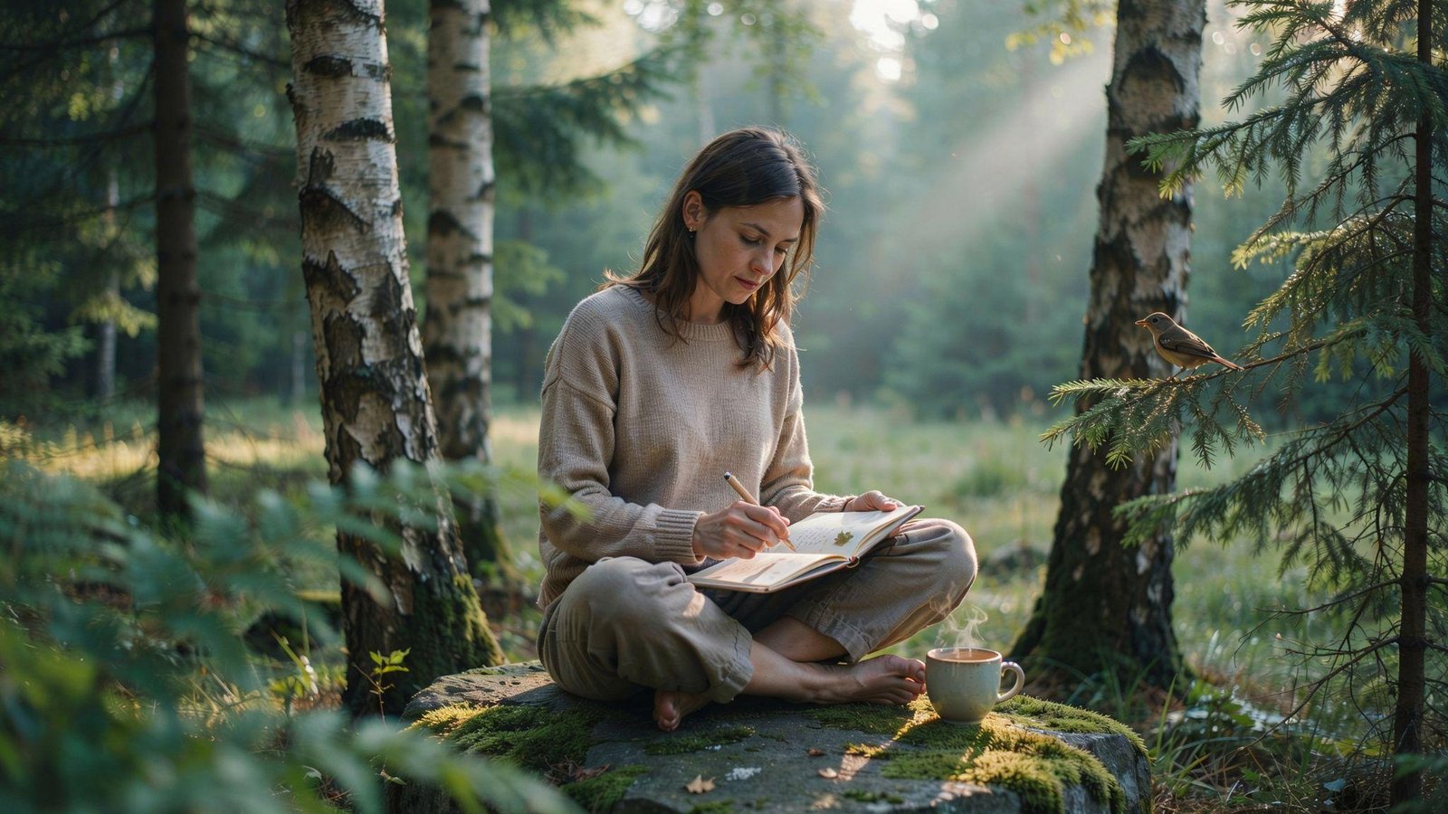 Adult practicing reflection and mindfulness in nature to support spiritual health, personal purpose, and overall well-being.