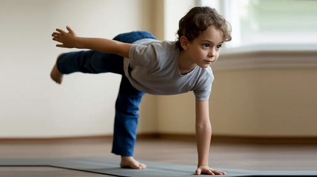 Pre-teen child slowly moving into airplane yoga pose with control.