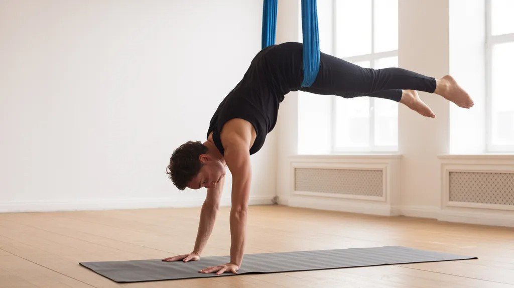 Person extending body forward with hips supported in hammock in a stretching pose.