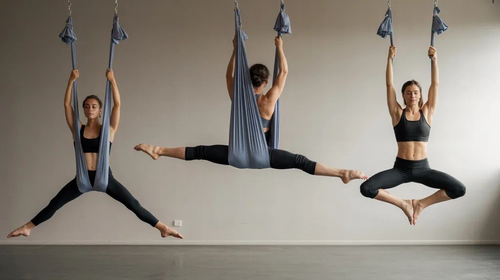Aerial yoga practitioner moving through beginner, intermediate, and advanced sequences in a silk hammock, showing progression from supported poses to inversions in a studio.
