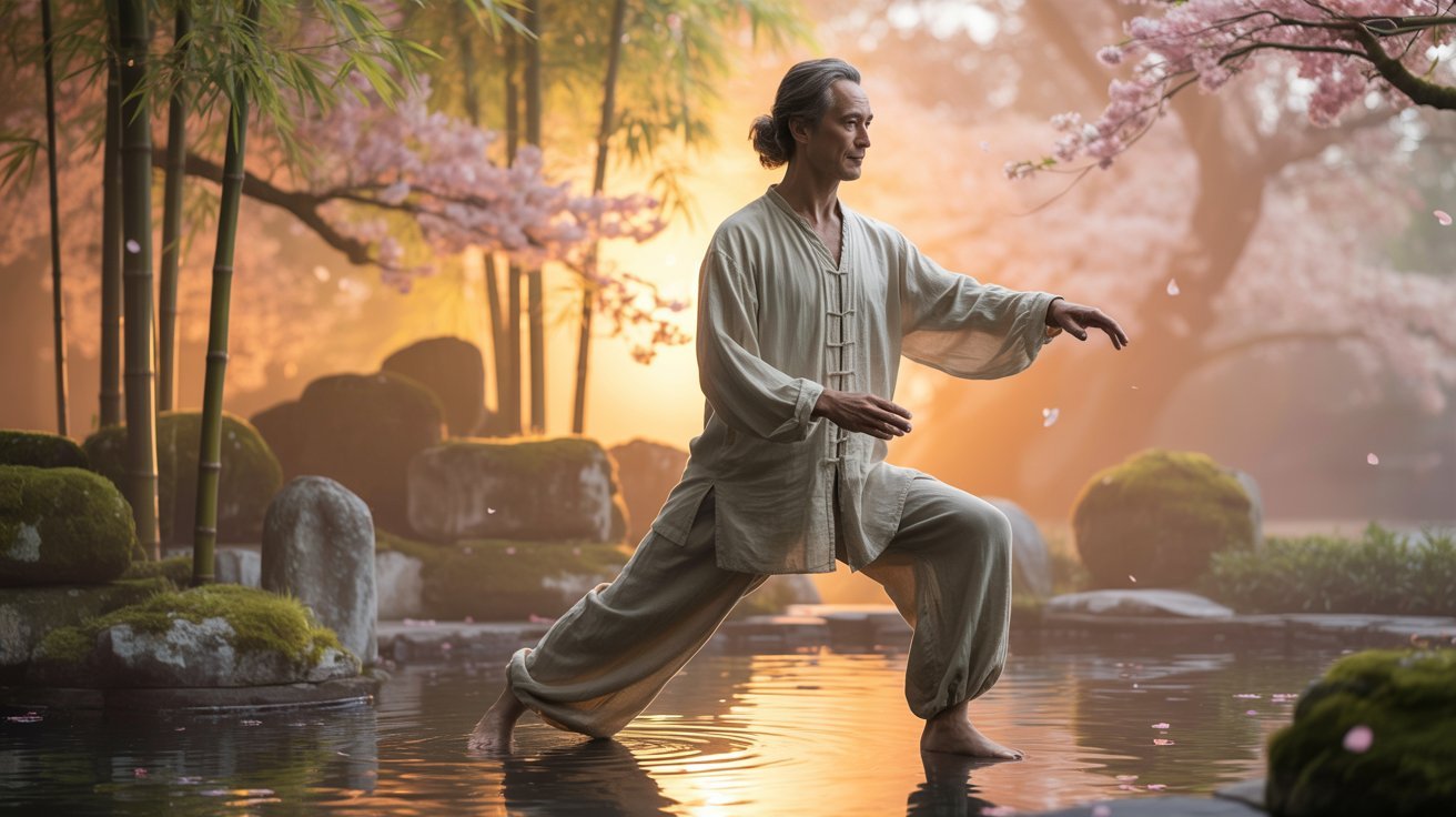 Adult practicing tai chi outdoors for balance and mindfulness.