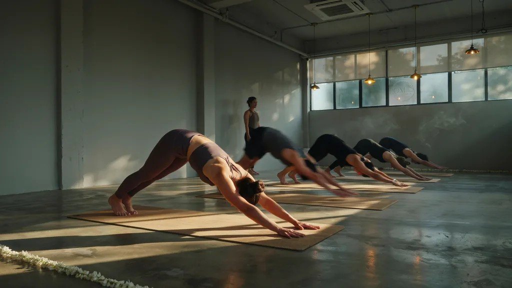 Continuous flowing yoga sequence showing sun salutations in a heated vinyasa class.