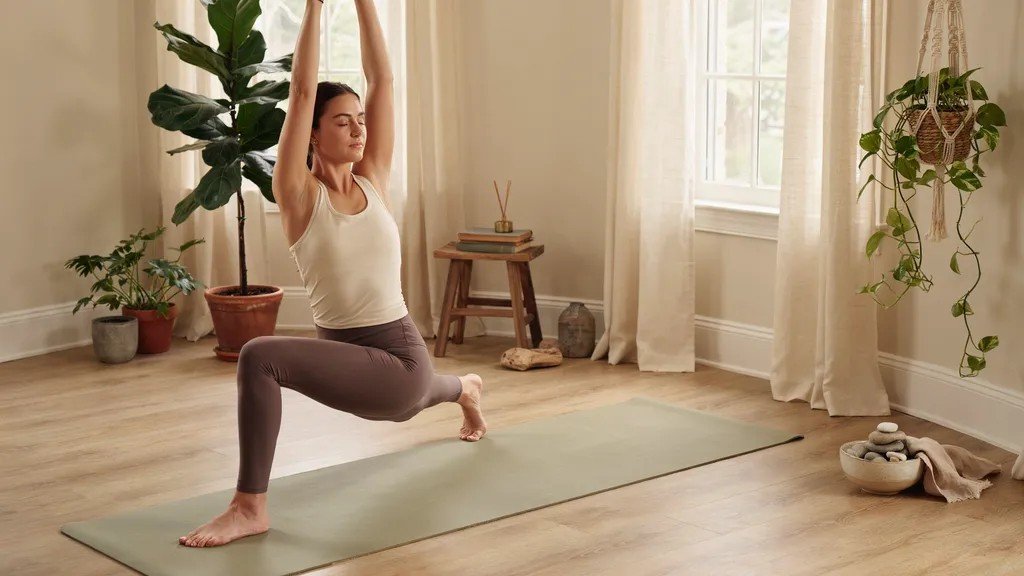 A person practicing yoga-based stretching in a calm indoor environment.