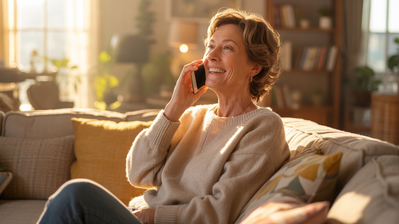 Adult connecting with a loved one through a call or visit for emotional support.