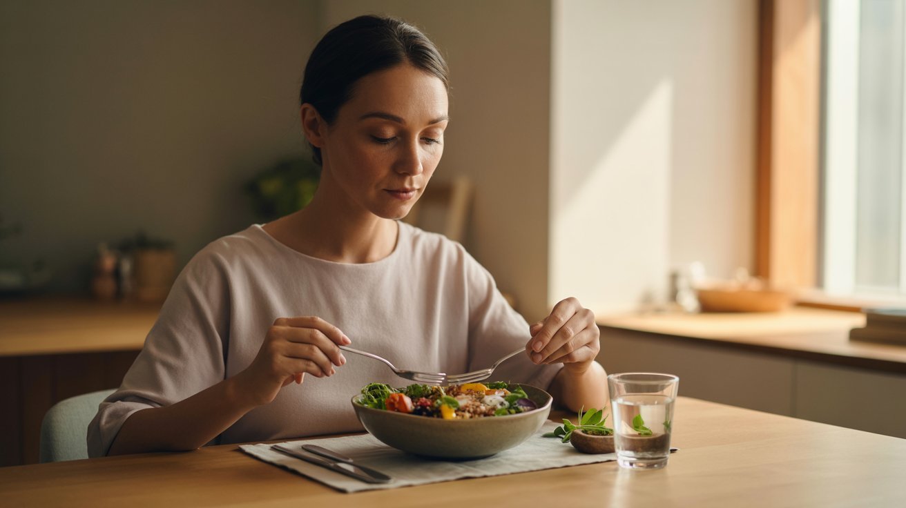 Adult practicing mindful eating with a healthy, balanced meal.