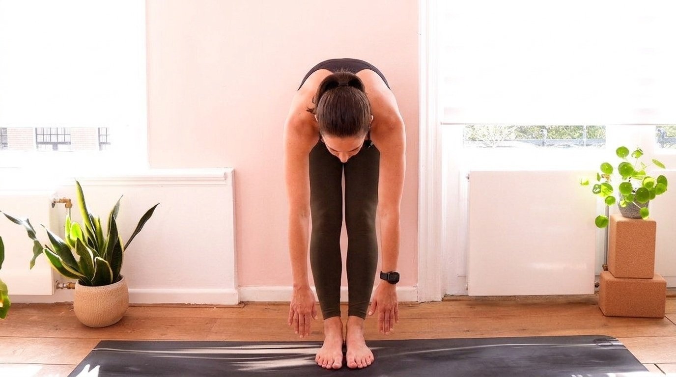 Woman in wall yoga standing forward fold, back touching wall for balance and hamstring stretch.