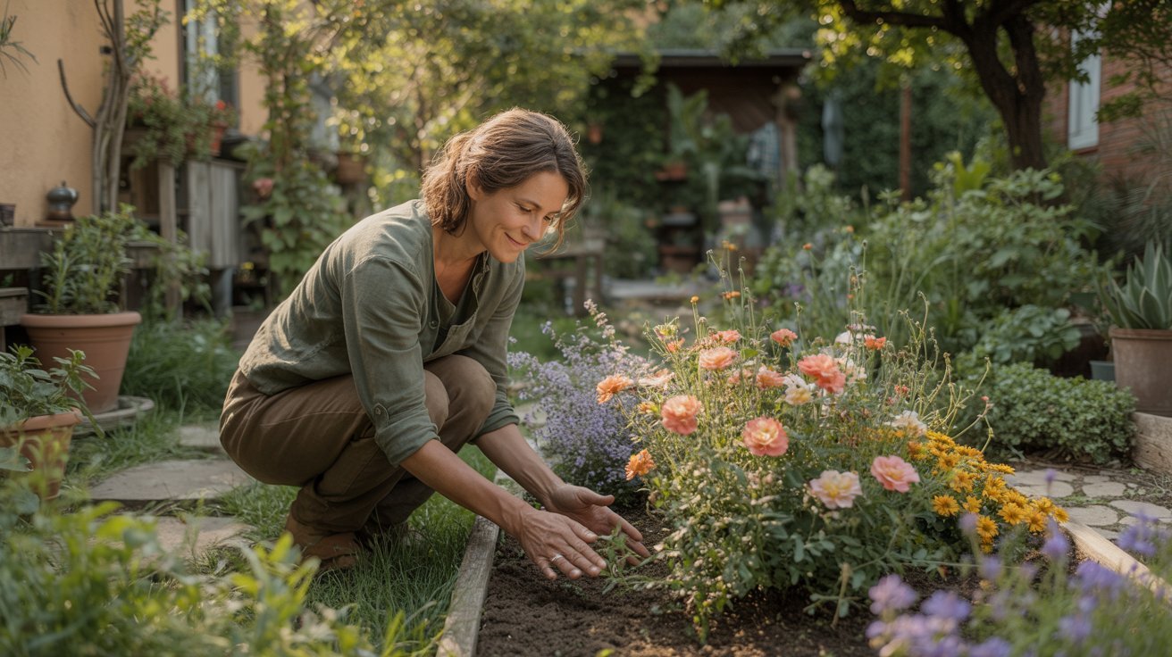 Adult gardening to reduce stress and connect with nature.