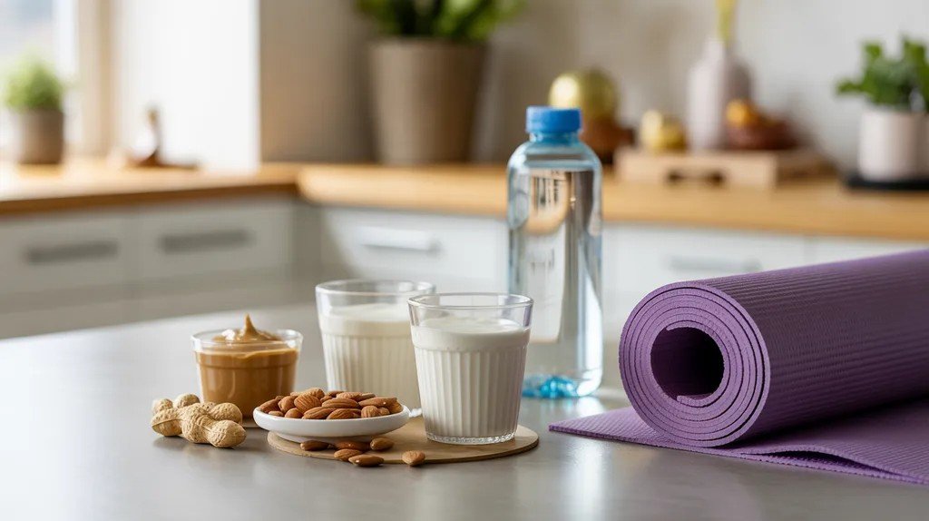 Small portions of yogurt, almonds, and peanut butter as light pre-hot yoga fuel.