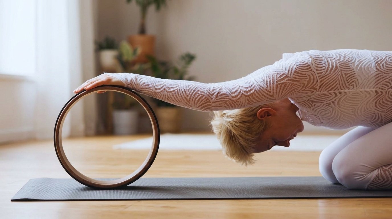 Person practices Child's Pose with a yoga wheel while stretching arms forward on a yoga mat.
