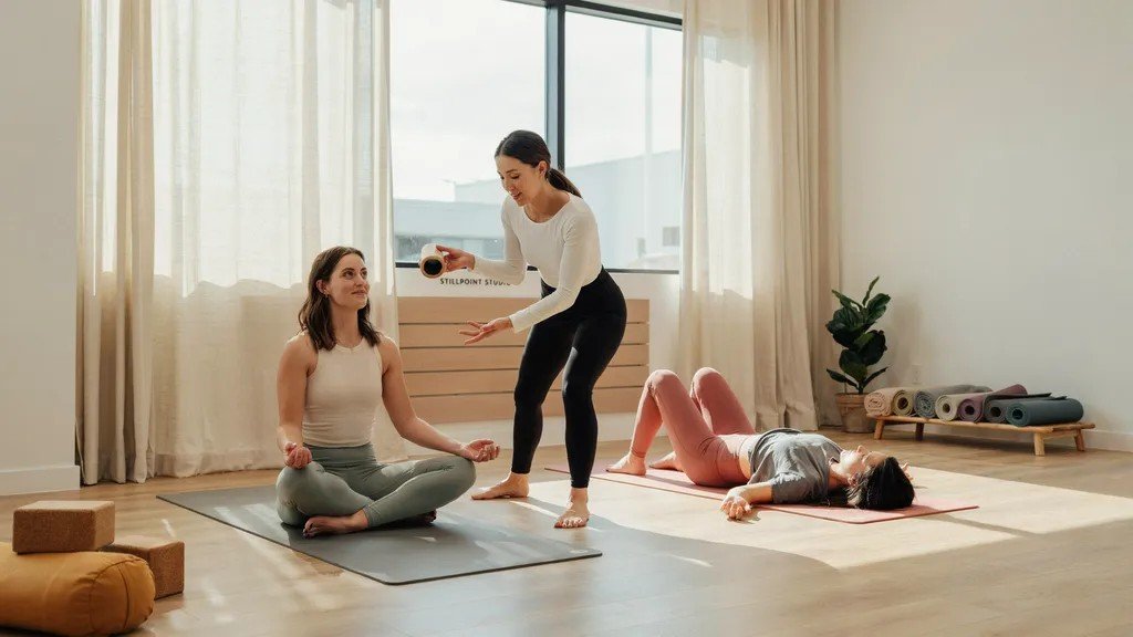 Beginners trying yoga and Pilates side by side with instructor guidance for back pain support