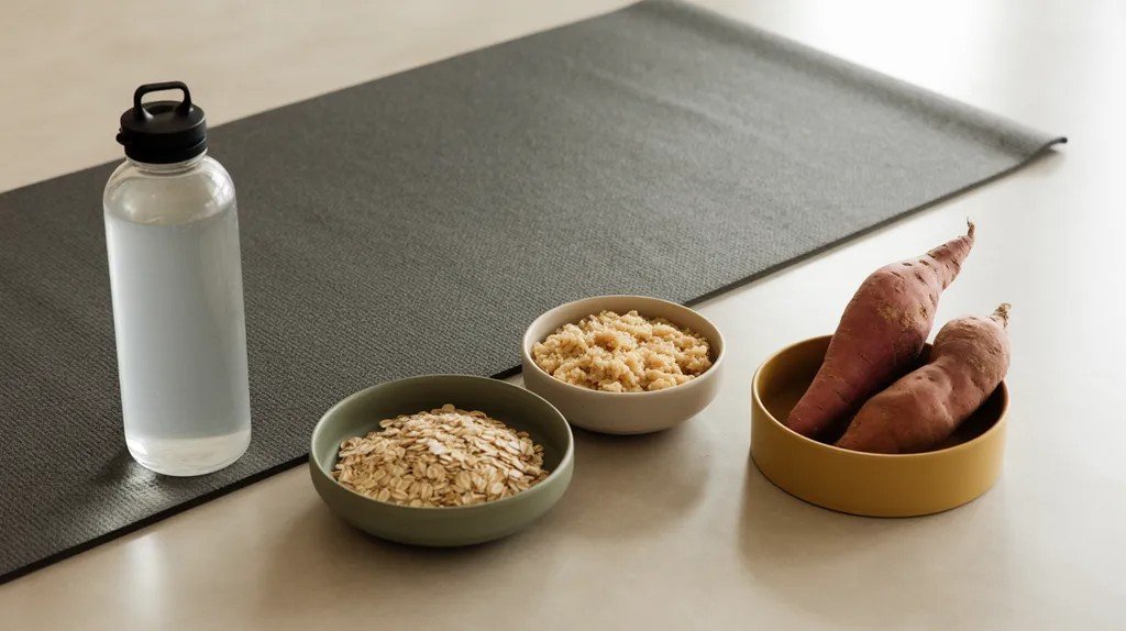 Small portions of oats, brown rice, and sweet potato for steady energy before hot yoga.