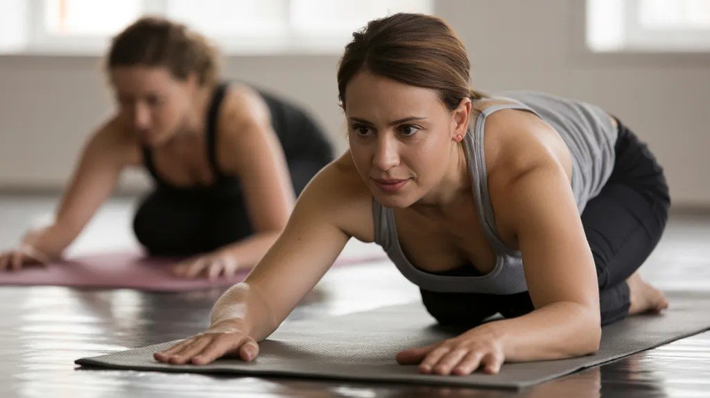 Beginner practicing vinyasa yoga flow in a calm studio setting.